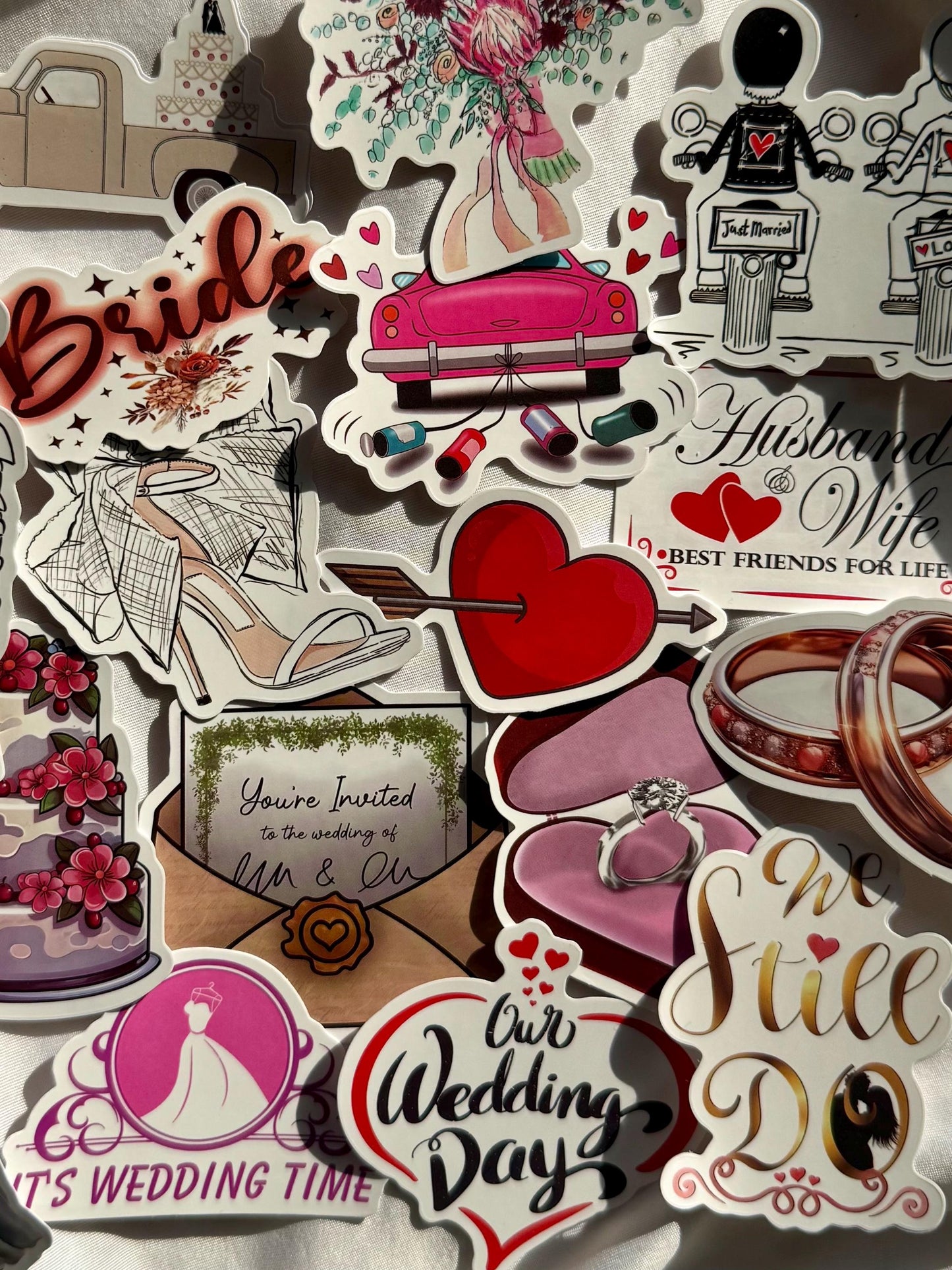 Close-up of wedding stickers.
