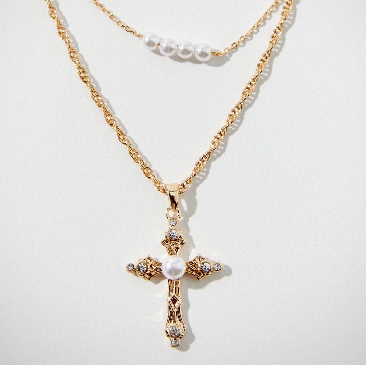 Sparkling Pearl Cross Necklace, Layered Cross Necklace For Women