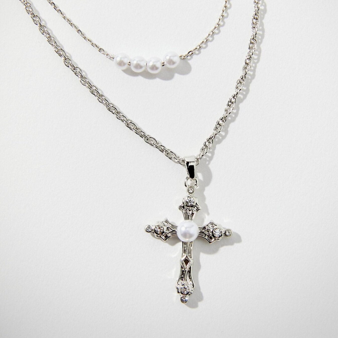 Sparkling Pearl Cross Necklace, Layered Cross Necklace For Women