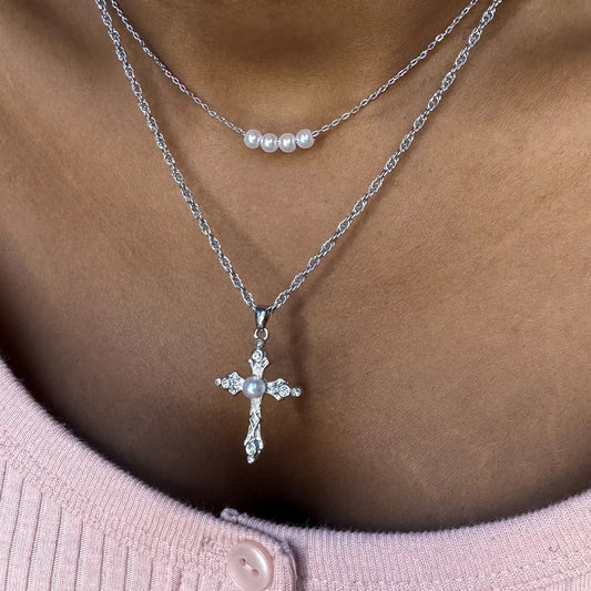 Sparkling Pearl Cross Necklace, Layered Cross Necklace For Women