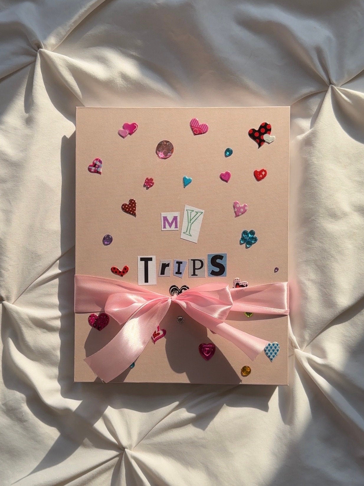 My Trips scrapbook with large pink bow tied to the front.